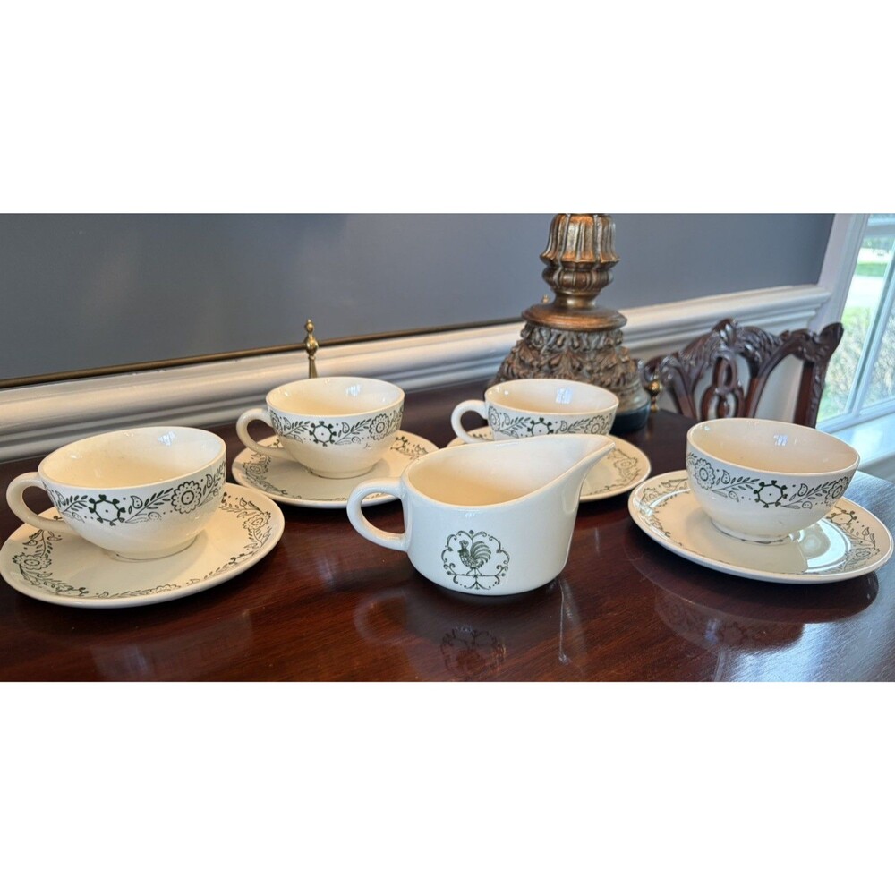 4 Vintage Scio Pottery Rooster Weathervane Cup and Saucer Sets with Creamer